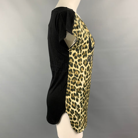 LOVE MOSCHINO Taille 4 T-shirt en coton / modal imprimé animal noir et beige avec strass tête de mort