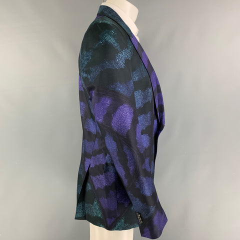 ROBERTO CAVALLI Size 42 Black Purple Print Silk Peak Lapel Sport Coat