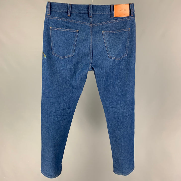 GUCCI Size 34 Blue Multi-Color Embroidery Denim Straight Jeans