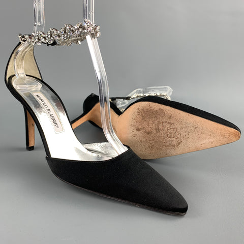MANOLO BLAHNIK Size 8 Black Satin Silk Rhinestone Ankle Strap Sandals