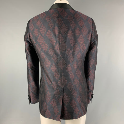 LANVIN Chest Size 42 Regular Navy Burgundy Jacquard Silk / Polyester Sport Coat