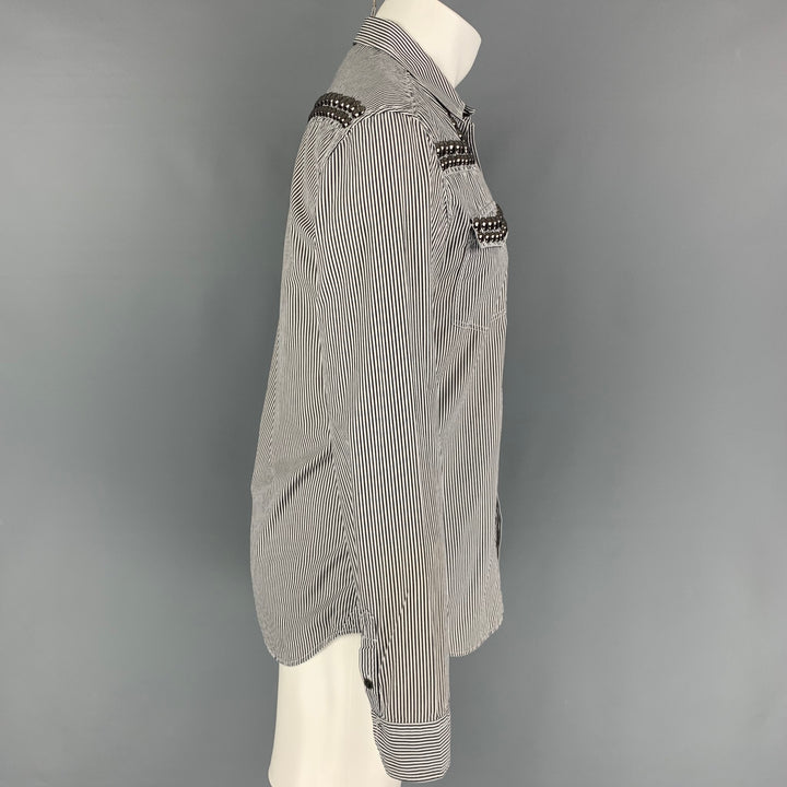 PIERRE BALMAIN Size M Black & White Silver Stripe Cotton Long Sleeve Shirt