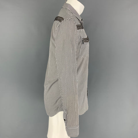 PIERRE BALMAIN Size M Black White Silver Stripe Cotton Long Sleeve Shirt