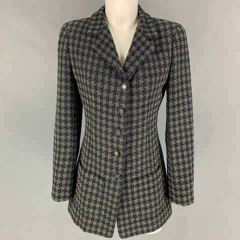 Vintage CHANEL Size 6 Navy Cream Wool Blend Checkered Jacket