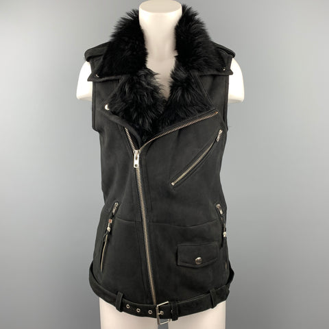 BLK DNM Chaleco motero con cinturón y cremallera de piel de oveja negra talla S