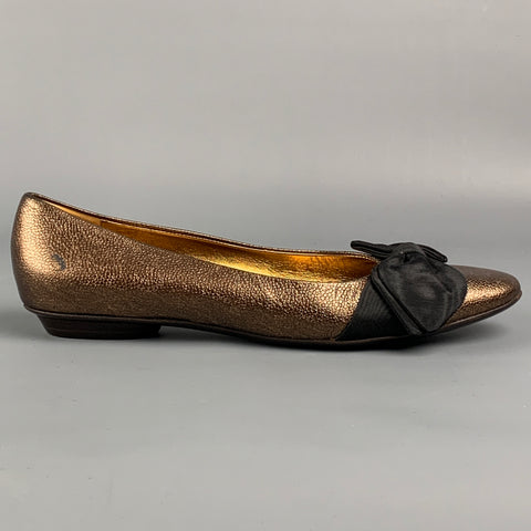 SALVATORE FERRAGAMO Size 7.5 Gold & Black Leather Silk Bow Flats