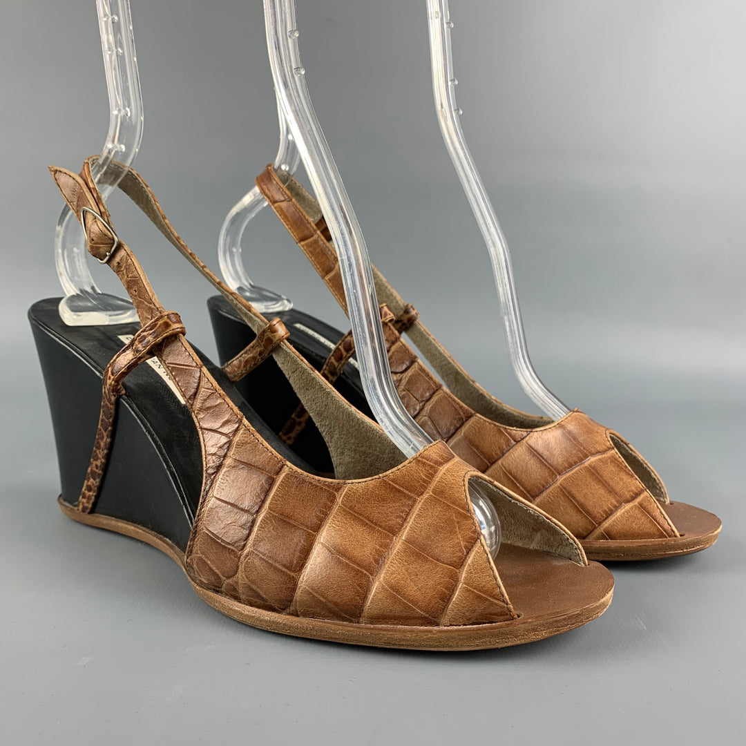 DRIES VAN NOTEN Size 8 Tan & Black Embossed Wedge Peep Toe Sandals