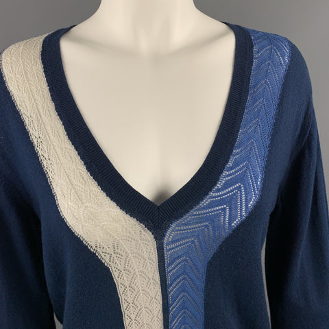 DRIES VAN NOTEN Size S Navy & cream Cotton Wool Blend V Neck Pullover