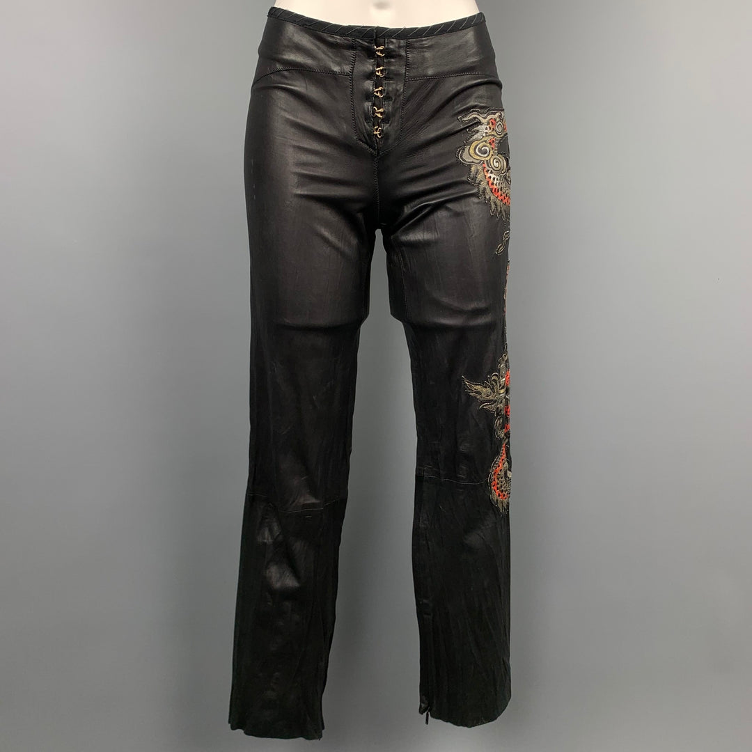 ROBERTO CAVALLI Spring 2003 Size S Black & Red Dragon Embroidered Leather Casual Pants