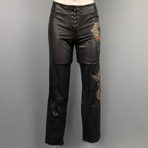 ROBERTO CAVALLI Printemps 2003 Taille S Pantalon décontracté en cuir brodé dragon noir et rouge