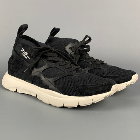 VALENTINO Size 12 Black Mixed Materials Lace Up Sneakers