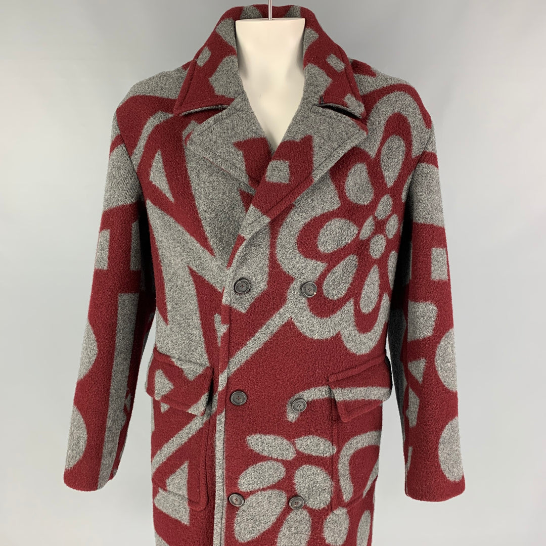 BURBERRY PRORSUM Fall 2014 Size 46 Burgundy Grey Floral Double Breasted Coat