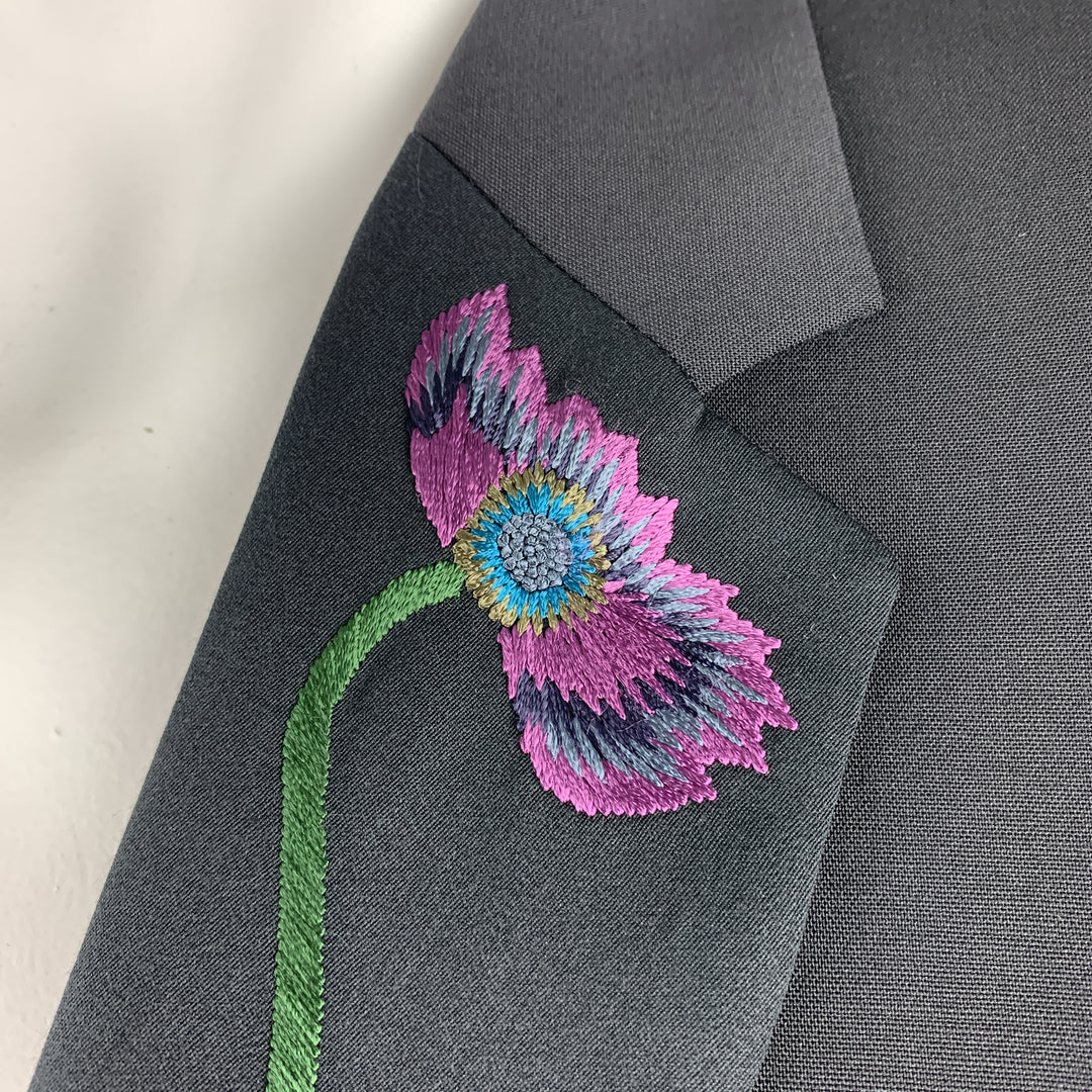 PAUL SMITH Size 42 Black Wool Blend Flower Embroidered Lapel Blazer