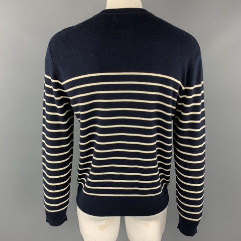 RALPH LAUREN Size XL Navy & Cream Stripe Cotton / Cashmere Side Buttons Pullover Sweater