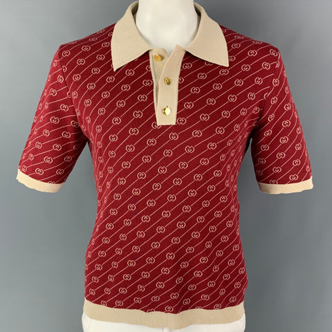 GUCCI Size L Burgundy Beige Logo Wool Silk Buttoned Polo