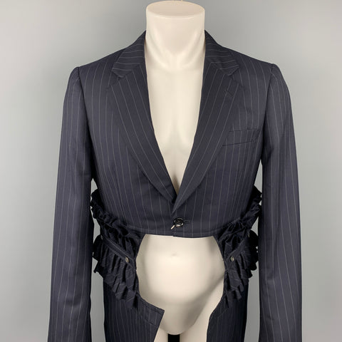 COMME des GARCONS HOMME PLUS Size M Navy Stripe Ruffle Cut Out Notch Lapel Coat