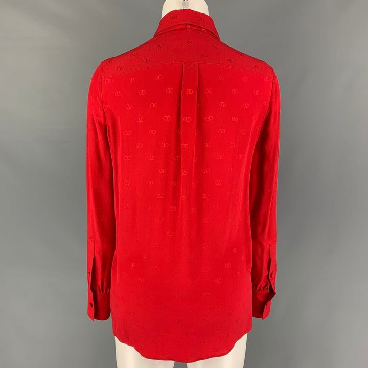 VALENTINO Size 2 Red Silk Logo Long Sleeve Dress Top