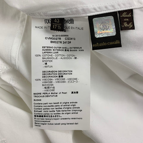 ROBERTO CAVALLI Size L White Embroidery Cotton Hidden Placket Long Sleeve Shirt