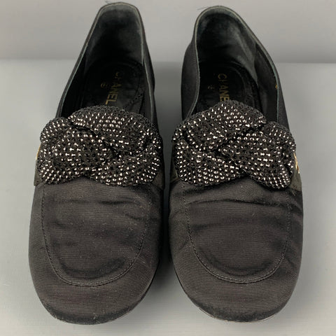 CHANEL Size 6 Black Fabric Rhinestone Loafer Flats