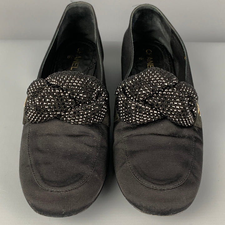 CHANEL Talla 6 Mocasines planos de tela negra con diamantes de imitación
