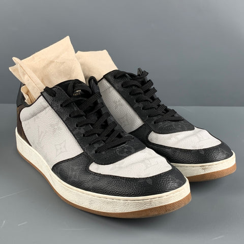 LOUIS VUITTON Size 9.5 White Black & Brown Logo Leather Low Top Sneakers