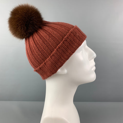 ANTONELLA Brown Knitted Cashmere Fur Beanie