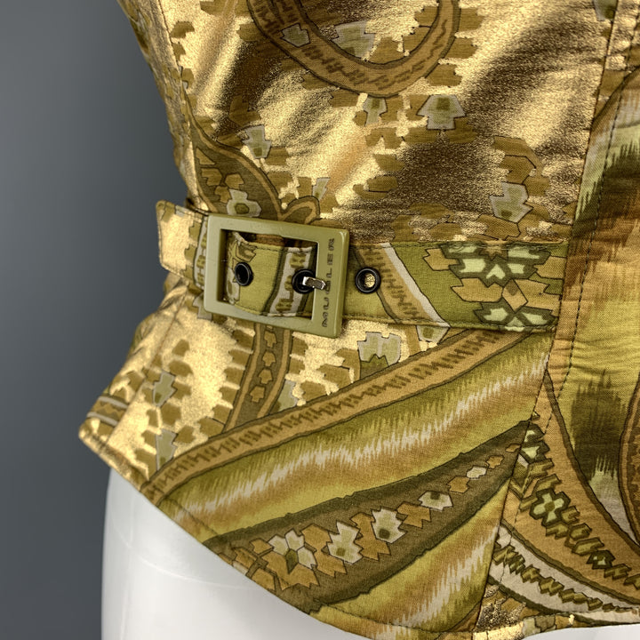 MUGLER Size 4 Metallic Gold & Green Paisley Cropped Jacket