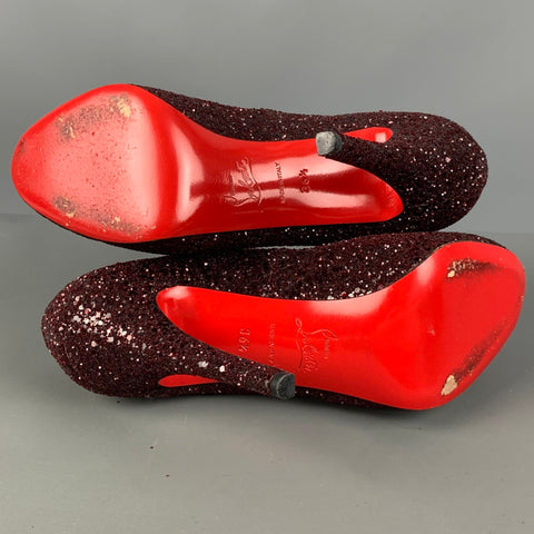CHRISTIAN LOUBOUTIN Size 6.5 Burgundy Glitter Peep Toe Pumps