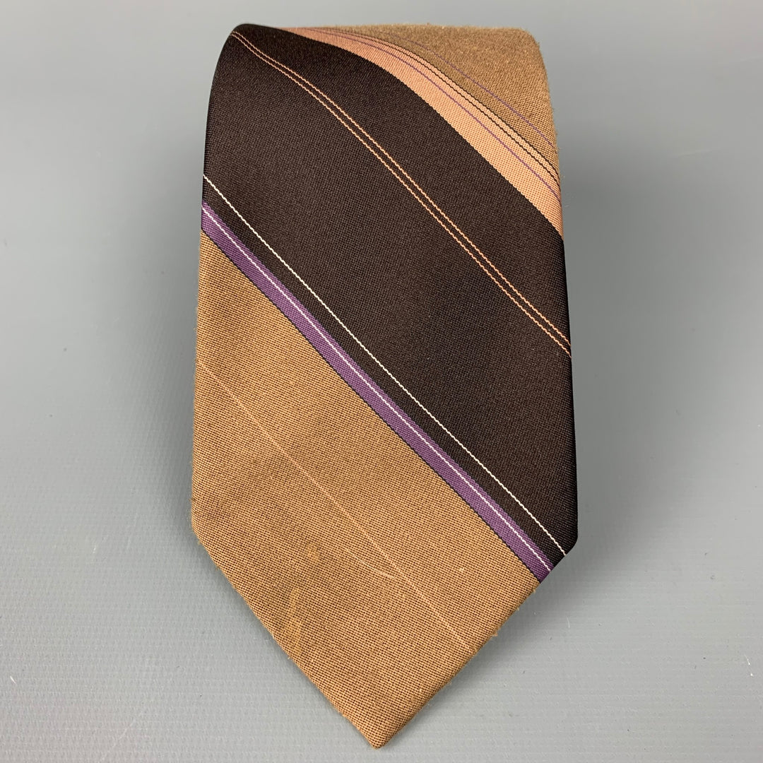 VAN HEUSEN Dark Brown & Taupe Diagonal Stripe Polyester / Silk Tie