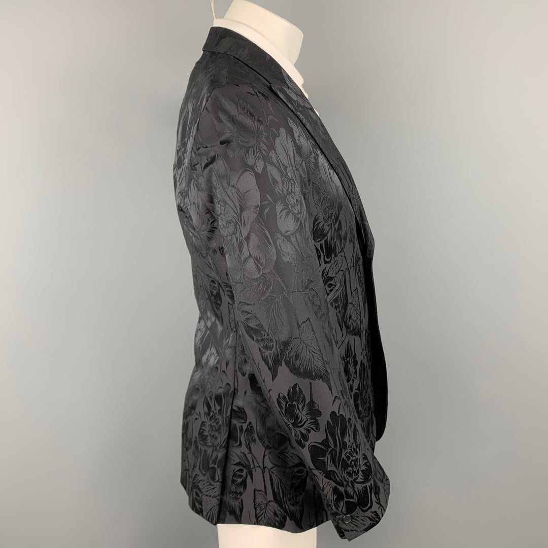 TED BAKER Size 38 Regular Black Jacquard Wool / Silk Peak Lapel Sport Coat