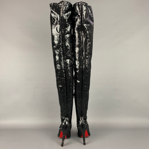 CHRISTIAN LOUBOUTIN Size 7 Black Sequined Over The Knee Round Toe Louise Boots