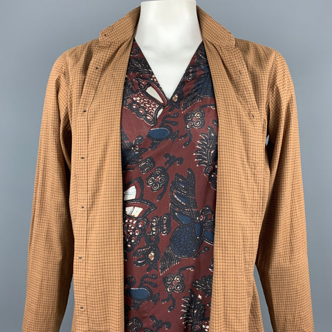 DRIES VAN NOTEN Size L Tan Window Pane Cotton / Cupro Vest Wrap Layered Long Sleeve Shirt