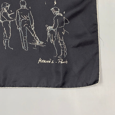 HERMES Champs de Courses by Hubert de Watrigant 2007 Black & White Equestrian Silk Scarf