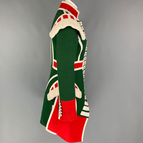 BURBERRY Otoño 2017 Talla 8 Abrigo ceremonial de lana con ribete de piel de oveja verde y rojo