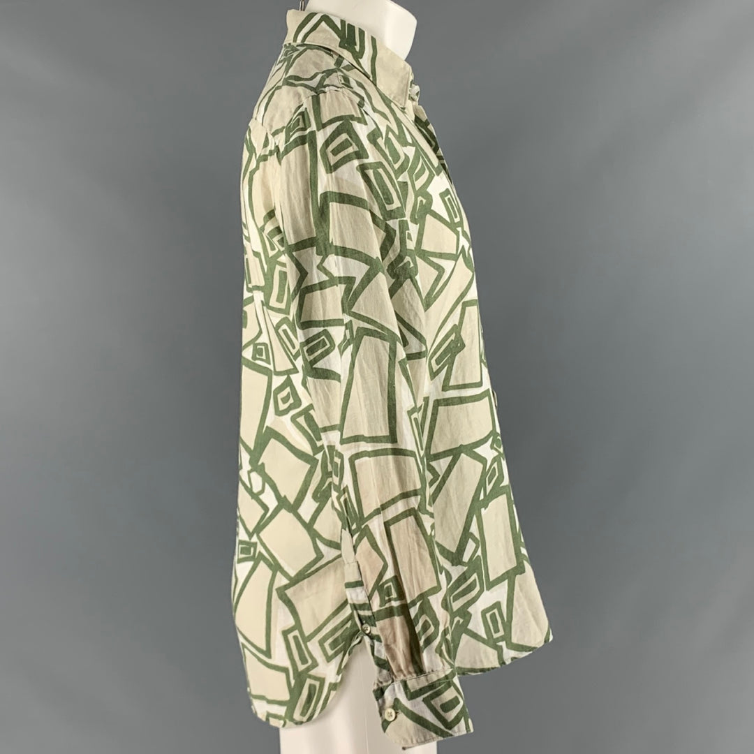 120% LINO Size S Green White Print Linen Button Up Long Sleeve Shirt
