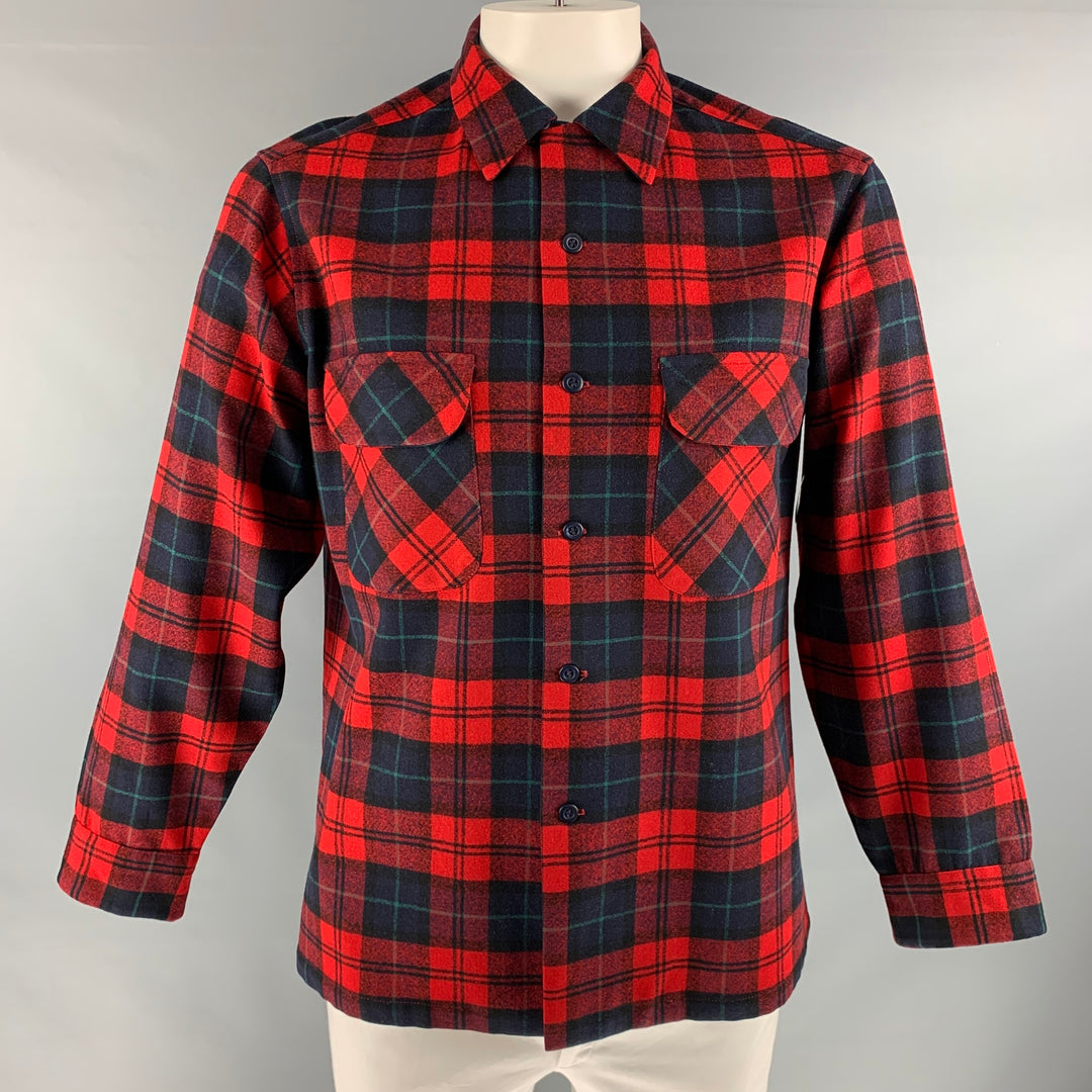 PENDLETON Size L Red Black Plaid Virgin Wool Long Sleeve Shirt