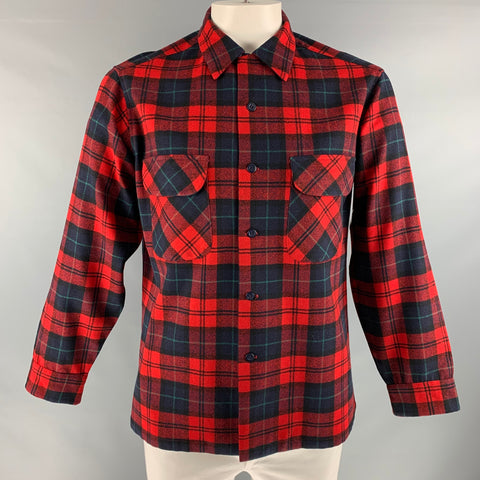 PENDLETON Size L Red Black Plaid Virgin Wool Long Sleeve Shirt