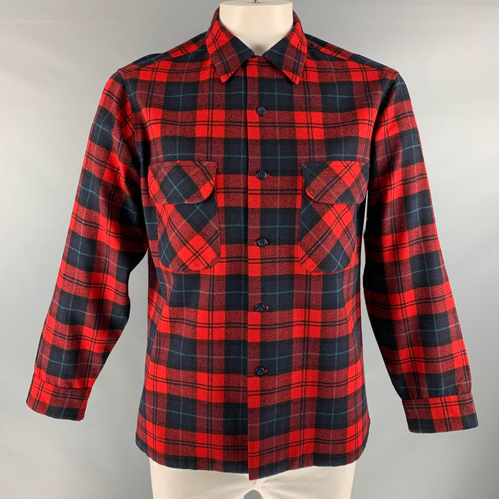 PENDLETON Size L Red Black Plaid Virgin Wool Long Sleeve Shirt