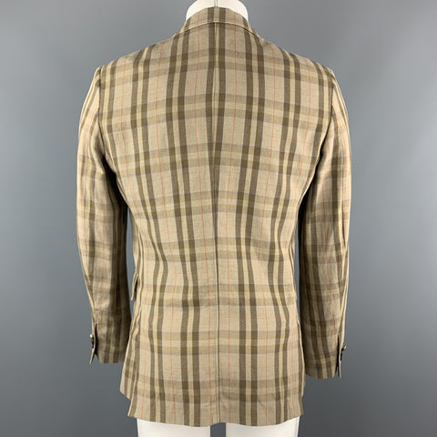 MARIO MATTEO Size 36 Tan Plaid Cotton / Flax Peak Lapel Sport Coat
