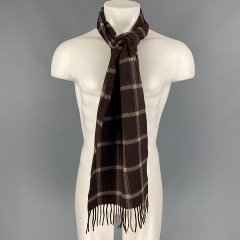 SAKS FIFTH AVENUE Brown Plaid Cashmere Fringe Scarf