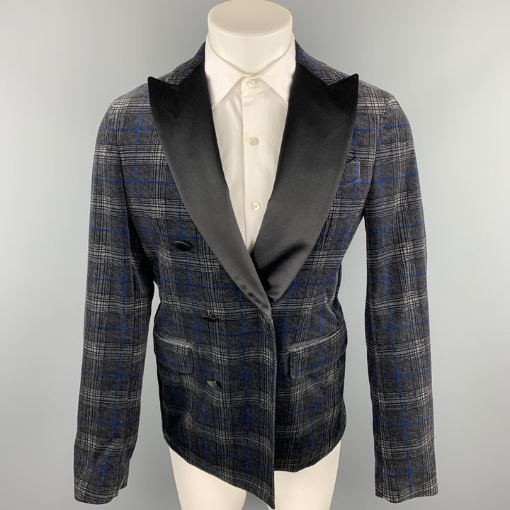 DSQUARED2 Size 40 Grey & Black Plaid Velvet Peak Lapel Double Breasted Sport Coat