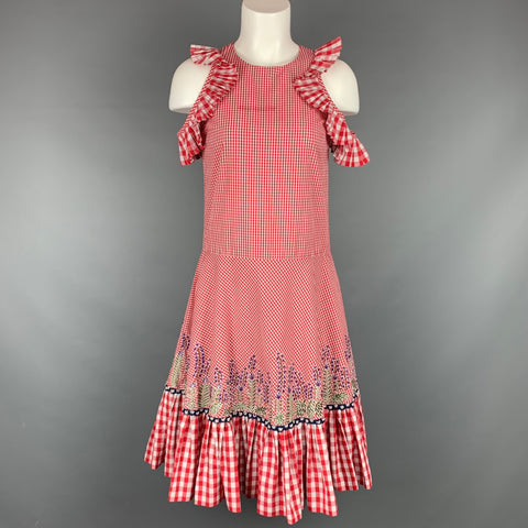 RAHUL MISHRA 2017 Size XS Red & White Gingham Embroidered Pleated Ruffle Dress