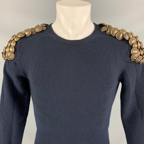 BURBERRY PRORSUM Fall Winter 2010 Size XS Navy Knitted Wool Crew-Neck Gold Tone Button Epaulettes Sweater