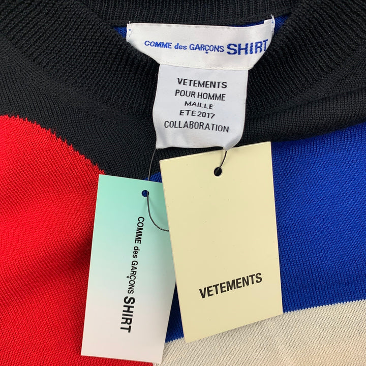 VETEMENTS x COMME des GARCONS SHIRT Size S Blue Black White Knitted Merino Wool Crew-Neck Pullover