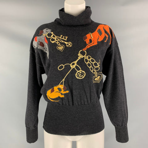ESCADA Taille 6 Pull à col roulé brodé en laine multicolore charbon de bois