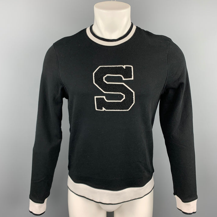 SANDRO Size S Black & White Patch Cotton Crew-Neck Pullover Sweatshirt