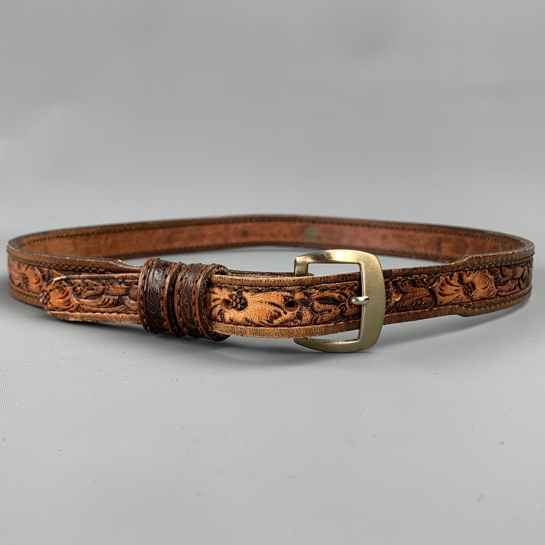 VINTAGE Size 34 Brown Carved Leather Skinny Belt