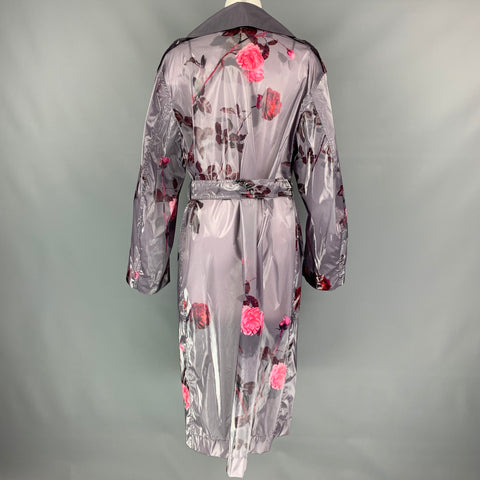 DRIES VAN NOTEN Size XS Grey & Pink Floral Polyurethane Bend Belted Trench Coat
