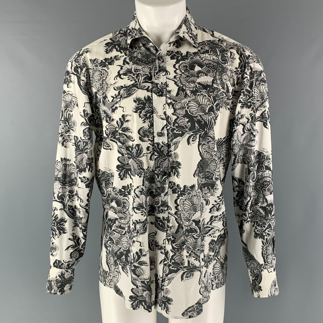 JUST CAVALLI Size M Black White Floral Cotton  Elastane Long Sleeve Shirt