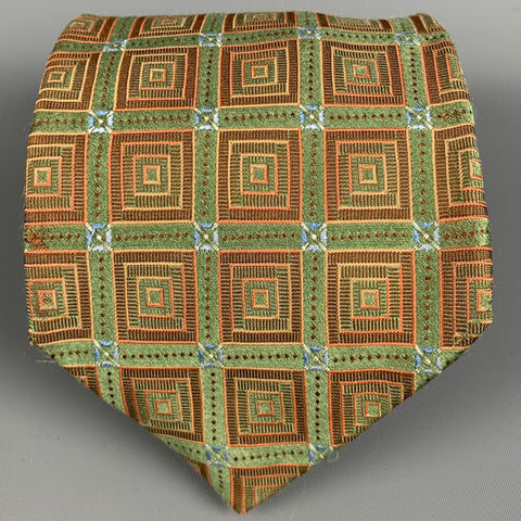 ERMENEGILDO ZEGNA Green Orange Squares Silk Jacquard Tie